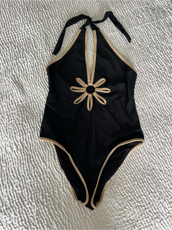 Other - 🚨‼️SOLD‼️🚨Black Halter One-Piece floral cutout Swimsuit with beige Trim